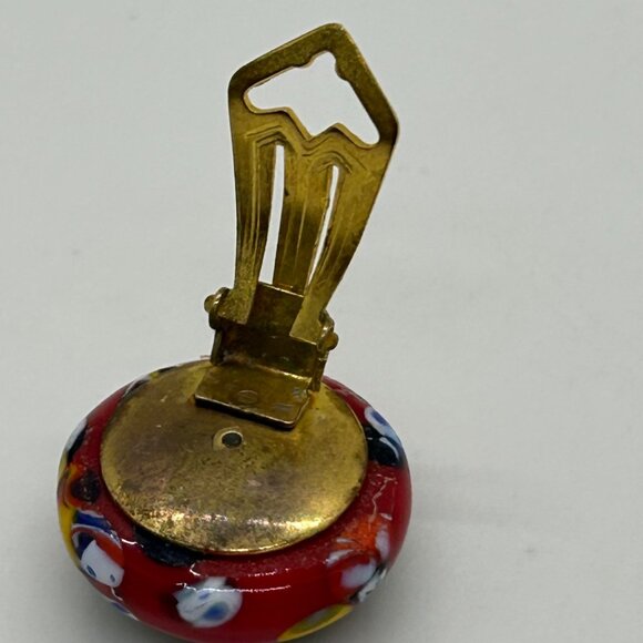 Vintage Red Venetian Glass Clip-On Earrings With Gold Tone Backs 3/4" Diameter - Picture 7 of 16